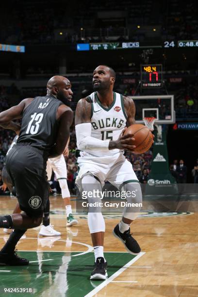 Shabazz Muhammad of the Milwaukee Bucks handles the ball against the Brooklyn Nets on April 5, 2018 at the BMO Harris Bradley Center in Milwaukee,...