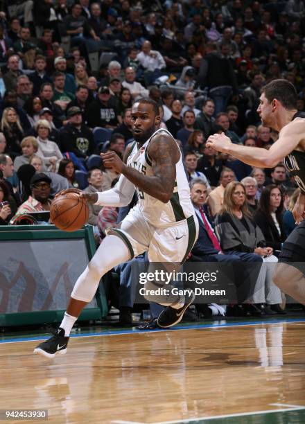 Shabazz Muhammad of the Milwaukee Bucks handles the ball against the Brooklyn Nets on April 5, 2018 at the BMO Harris Bradley Center in Milwaukee,...