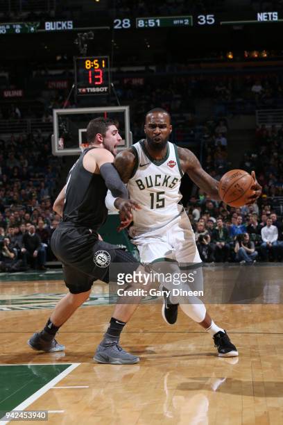Shabazz Muhammad of the Milwaukee Bucks handles the ball against the Brooklyn Nets on April 5, 2018 at the BMO Harris Bradley Center in Milwaukee,...
