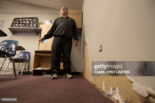 Scott Teel talks about his classroom in a portable building in Moore, Oklahoma on April 4, 2018. Buoyed by a nine-day strike in West Virginia which...