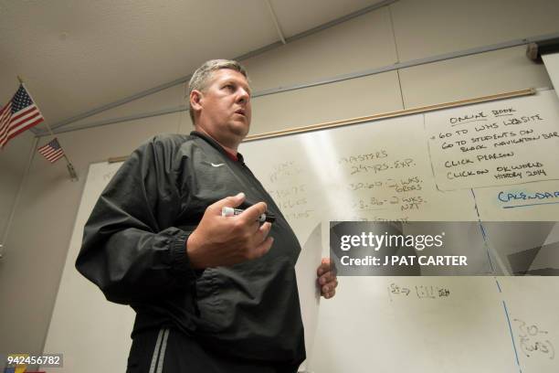 Scott Teel talks about his classroom in a portable building in Moore, Oklahoma on April 4, 2018. Buoyed by a nine-day strike in West Virginia which...