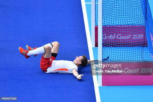 Harry Martin of England celebrates scoring his side's fifth goal during the Hockey Men's Pool B Match between England and Malaysia on day two of the...