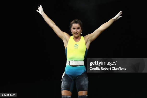 Tegan Napper of Australia reacts during the Women's 53kg weightlifting final on day two of the Gold Coast 2018 Commonwealth Games at Carrara Sports...