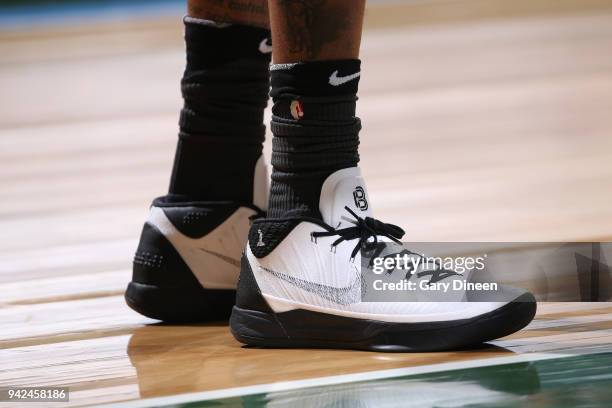 The sneakers of D'Angelo Russell of the Brooklyn Nets are seen during the game against the Milwaukee Bucks on April 5, 2018 at the BMO Harris Bradley...