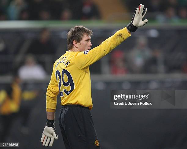 Tomasz Kuszczak of Manchester gestures during the UEFA Champions League Group B match between VfL Wolfsburg and Manchester United at Volkswagen Arena...