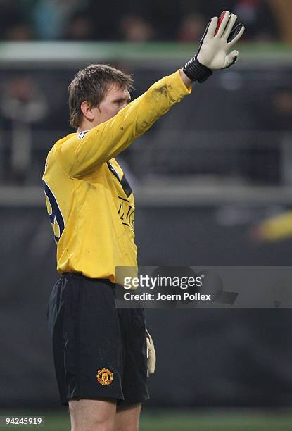Tomasz Kuszczak of Manchester gestures during the UEFA Champions League Group B match between VfL Wolfsburg and Manchester United at Volkswagen Arena...