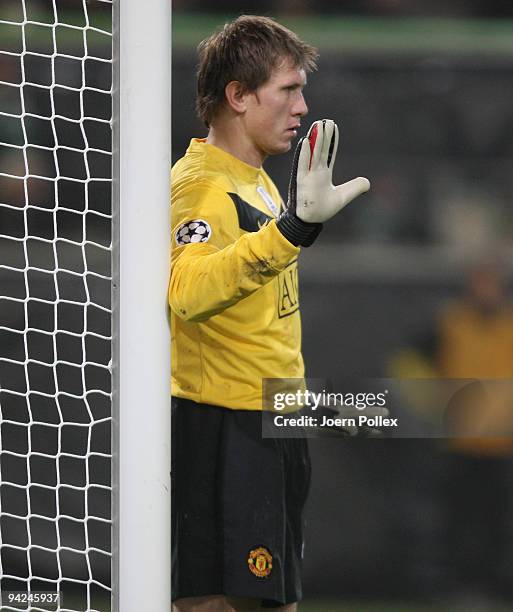 Tomasz Kuszczak of Manchester gestures during the UEFA Champions League Group B match between VfL Wolfsburg and Manchester United at Volkswagen Arena...