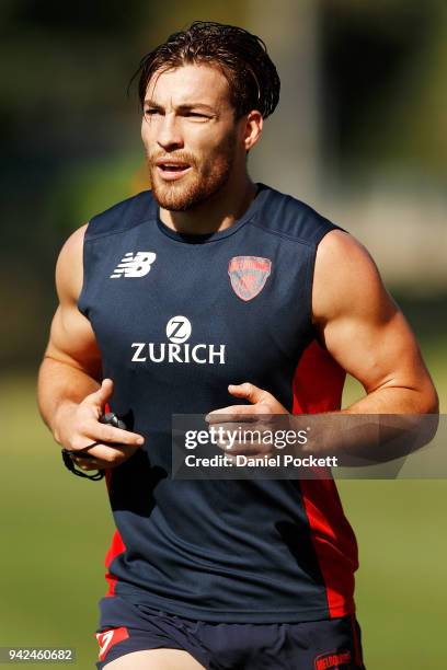 Jack Viney of the Demons in action during a Melbourne Demons AFL training session at Gosch's Paddock on April 6, 2018 in Melbourne, Australia.