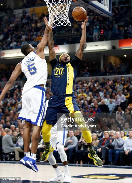 Trevor Booker of the Indiana Pacers shoots the ball against the Golden State Warrriors during the game at Bankers Life Fieldhouse on April 5, 2018 in...