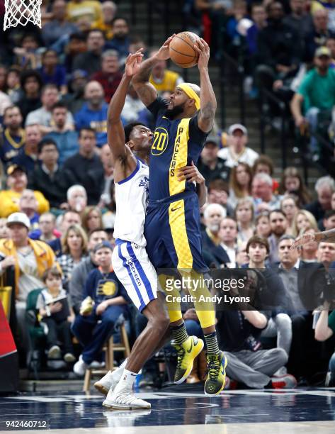 Trevor Booker of the Indiana Pacers shoots the ball against the Golden State Warrriors during the game at Bankers Life Fieldhouse on April 5, 2018 in...