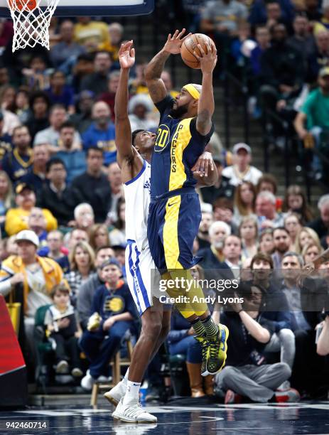 Trevor Booker of the Indiana Pacers shoots the ball against the Golden State Warrriors during the game at Bankers Life Fieldhouse on April 5, 2018 in...