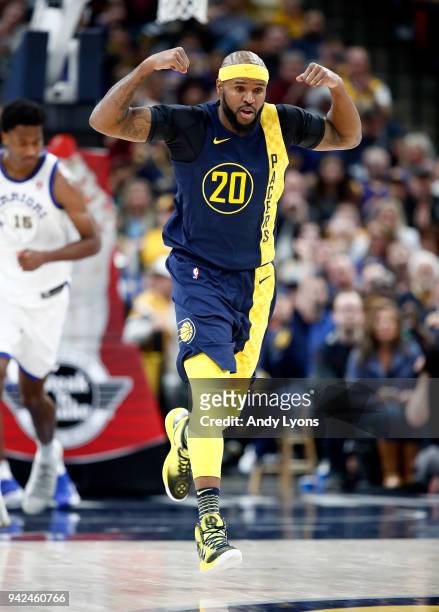 Trevor Booker of the Indiana Pacers celebrates against the Golden State Warrriors during the game at Bankers Life Fieldhouse on April 5, 2018 in...