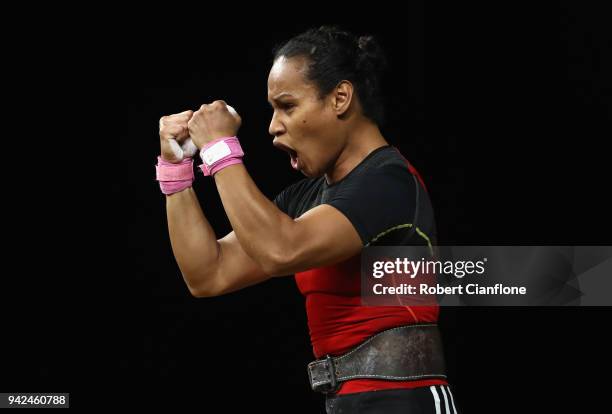 Loa Dika Toua of Papua New Guinea celebrates during the Women's 53kg weightlifting final on day two of the Gold Coast 2018 Commonwealth Games at...