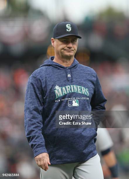 Manager Scott Servais of the Seattle Mariners walks back to the dugout during their game against the San Francisco Giants at AT&T Park on April 4,...