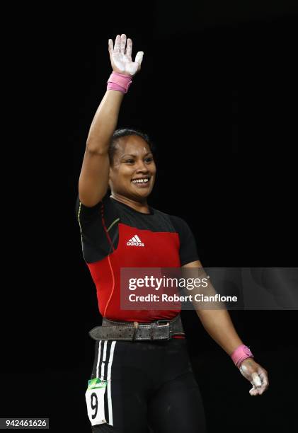 Loa Dika Toua of Papua New Guinea celebrates during the Women's 53kg weightlifting final on day two of the Gold Coast 2018 Commonwealth Games at...