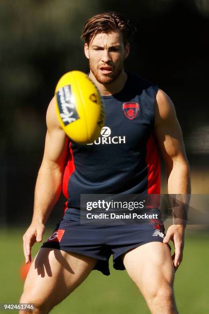 Jack Viney of the Demons in action during a Melbourne Demons AFL training session at Gosch's Paddock on April 6, 2018 in Melbourne, Australia.
