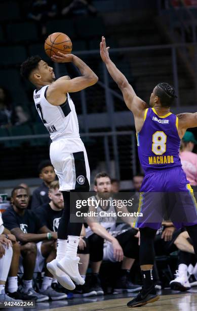 Olivier Hanlan of the Austin Spurs shoots the ball against Scott Machado of the South Bay Lakers during the Conference Finals on April 5, 2018 at...