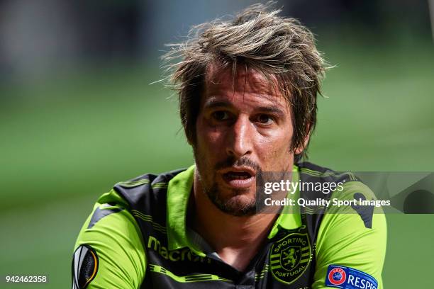 Fabio Coentrao of Sporting CP looks on during the UEFA Europa League quarter final leg one match between Atletico Madrid and Sporting CP at Wanda...