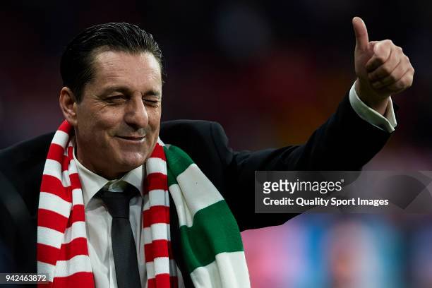 Paulo Futre reacts prior to the UEFA Europa League quarter final leg one match between Atletico Madrid and Sporting CP at Wanda Metropolitano on...