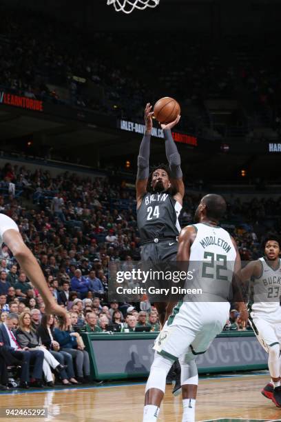 Rondae Hollis-Jefferson of the Brooklyn Nets goes to the basket against the Milwaukee Bucks on April 5, 2018 at the BMO Harris Bradley Center in...