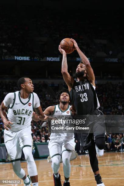 Allen Crabbe of the Brooklyn Nets shoots the ball against the Milwaukee Bucks on April 5, 2018 at the BMO Harris Bradley Center in Milwaukee,...