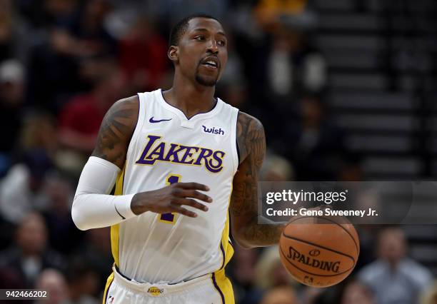 Kentavious Caldwell-Pope of the Los Angeles Lakers brings the ball up court against the Utah Jazz in a game at Vivint Smart Home Arena on April 3,...