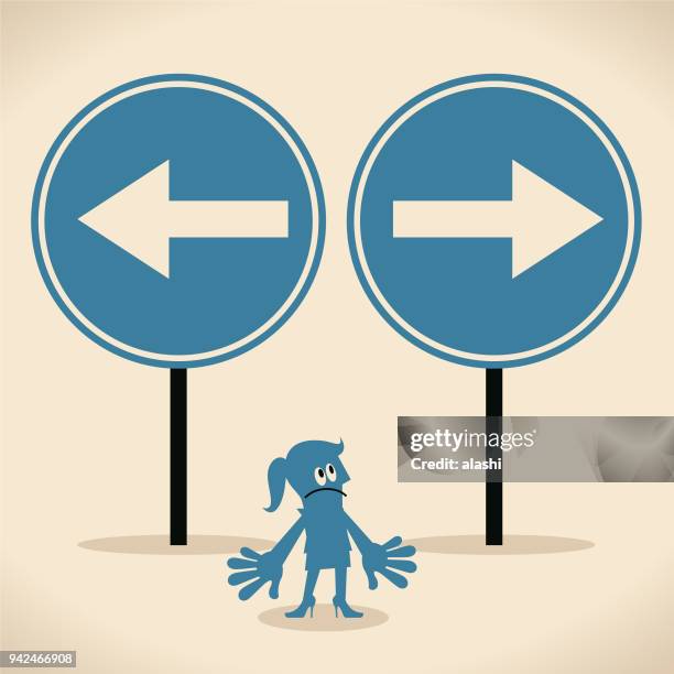 stockillustraties, clipart, cartoons en iconen met welke manier concept, zakenvrouw staande voor twee tegengesteld gerichte teken - cross road children