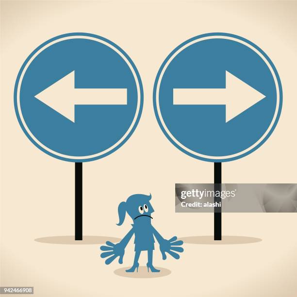 which way concept, businesswoman standing in front of two opposite directional sign - cross road children stock illustrations