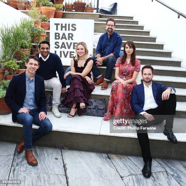 Ryan Devlin, Ravi Patel, Kristen Bell, Todd Grinnell, Troian Bellisario, and Patrick Adams attend This Bar Saves Lives Press Launch Party at Ysabel...