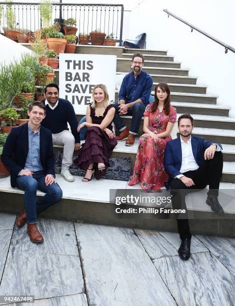 Ryan Devlin, Ravi Patel, Kristen Bell, Todd Grinnell, Troian Bellisario, and Patrick Adams attend This Bar Saves Lives Press Launch Party at Ysabel...