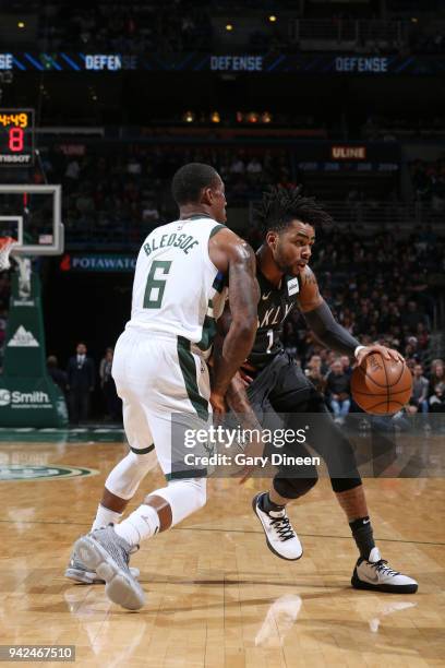 Angelo Russell of the Brooklyn Nets handles the ball against the Milwaukee Bucks on April 5, 2018 at the BMO Harris Bradley Center in Milwaukee,...