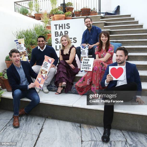 Ryan Devlin, Ravi Patel, Kristen Bell, Todd Grinnell, Troian Bellisario, and Patrick Adams attend This Bar Saves Lives Press Launch Party at Ysabel...