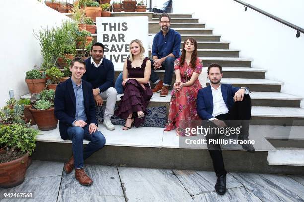 Ryan Devlin, Ravi Patel, Kristen Bell, Todd Grinnell, Troian Bellisario, and Patrick Adams attend This Bar Saves Lives Press Launch Party at Ysabel...
