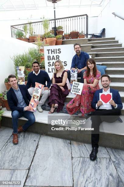 Ryan Devlin, Ravi Patel, Kristen Bell, Todd Grinnell, Troian Bellisario, and Patrick Adams attend This Bar Saves Lives Press Launch Party at Ysabel...