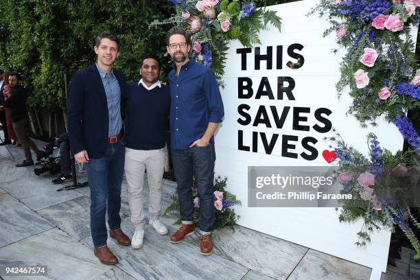 Ryan Devlin, Davi Patel, and Todd Grinnell attend This Bar Saves Lives Press Launch Party at Ysabel on April 5, 2018 in West Hollywood, California.