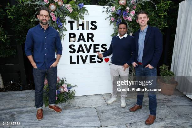 Todd Grinnell, Davi Patel, and Ryan Devlin attend This Bar Saves Lives Press Launch Party at Ysabel on April 5, 2018 in West Hollywood, California.