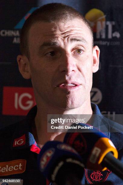 Demons head coach Simon Goodwin talks to the media during a Melbourne Demons AFL training session at Gosch's Paddock on April 6, 2018 in Melbourne,...