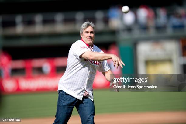 Eagles Head Coach Doug Pederson throws the first pitch before the game between the Miami Marlins and Philadelphia Phillies on April 05, 2018 at...