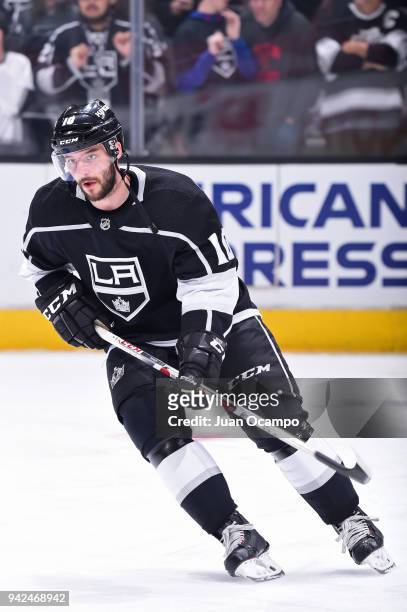 Tobias Rieder of the Los Angeles Kings warms up before a game against the Minnesota Wild at STAPLES Center on April 5, 2018 in Los Angeles,...