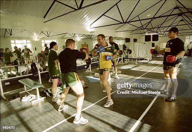Brett Kimmorley and Gorden Tallis of Australia boxing during a Australia training session before the Rugby League World Cup held in Leeds, England. \...