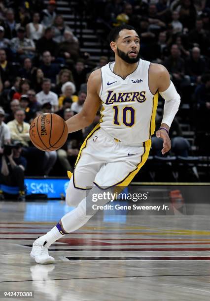 Tyler Ennis of the Los Angeles Lakers controls the ball against the Utah Jazz in a game at Vivint Smart Home Arena on April 3, 2018 in Salt Lake...