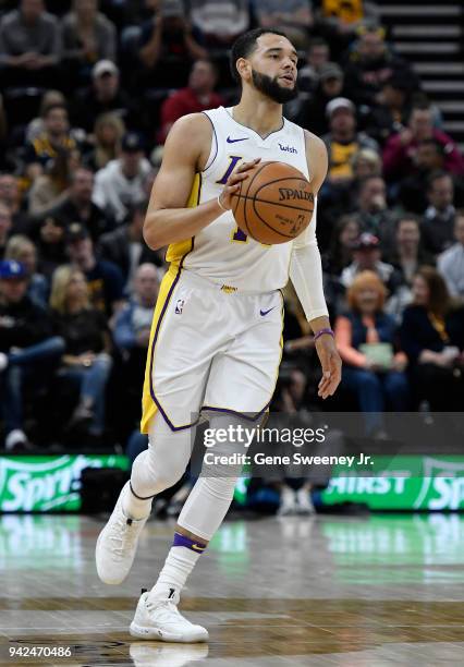 Tyler Ennis of the Los Angeles Lakers controls the ball against the Utah Jazz in a game at Vivint Smart Home Arena on April 3, 2018 in Salt Lake...