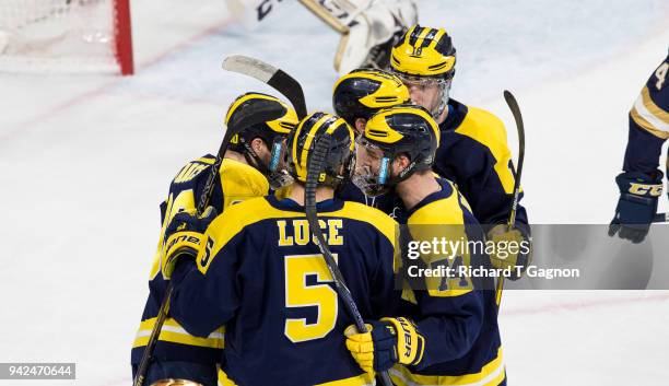 Tony Calderone of the Michigan Wolverines celebrates his goal with his teammates Dexter Dancs, Nicholas Boka and Griffin Luce against the Notre Dame...