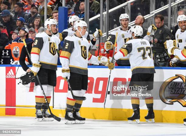 Brayden McNabb, Zach Whitecloud and Brandon Pirri of the Vegas Golden Knights celebrate after a goal during the game against the Edmonton Oilers on...