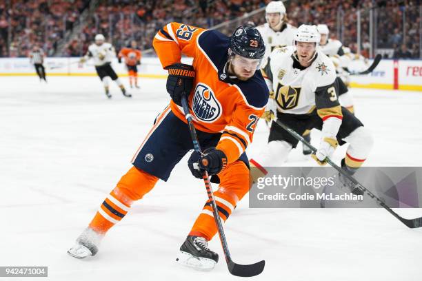 Leon Draisaitl of the Edmonton Oilers is pursued by Brayden McNabb of the Vegas Golden Knights at Rogers Place on April 5, 2018 in Edmonton, Canada.