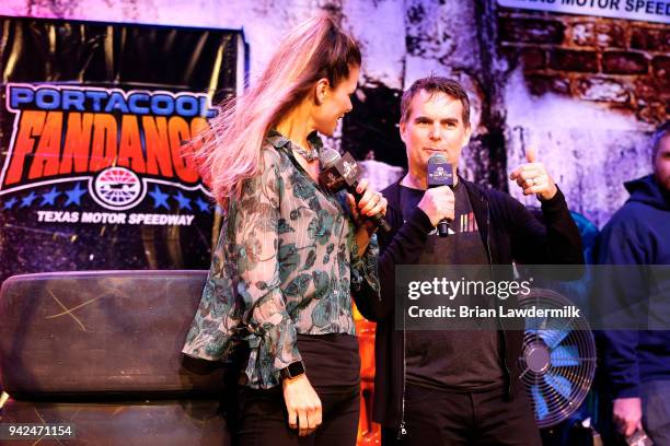 Jamie Little and Jeff Gordon speak on stage for during the Portacool Fandango event at Texas Motor Speedway on April 5, 2018 in Fort Worth, Texas.