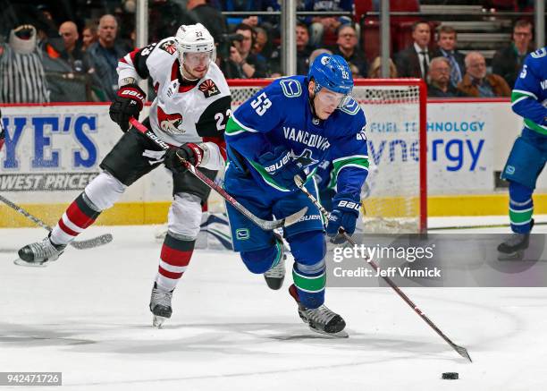 Oliver Ekman-Larsson of the Arizona Coyotes checks Bo Horvat of the Vancouver Canucks during their NHL game at Rogers Arena April 5, 2018 in...