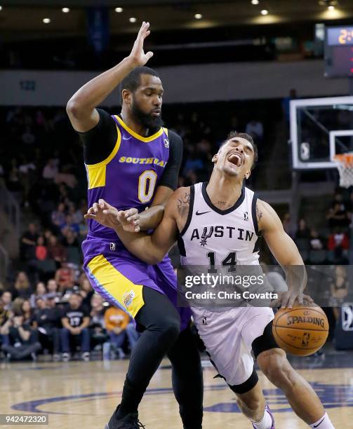 Nick Johnson of the Austin Spurs handles the ball against James Southerland of the South Bay Lakers during the Conference Finals on April 5, 2018 at...