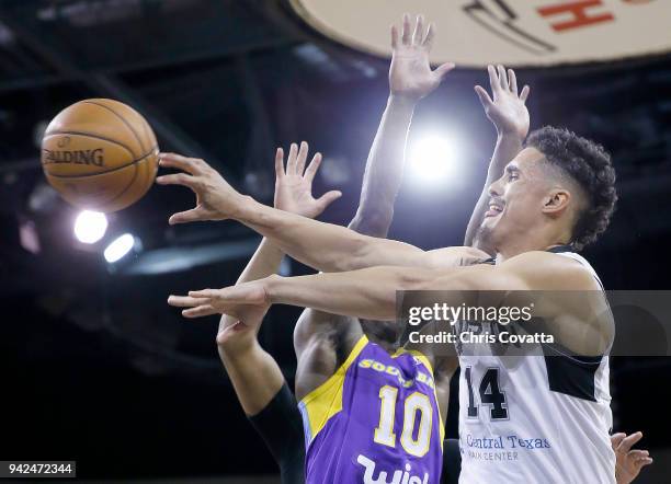 Nick Johnson of the Austin Spurs passes the ball against the South Bay Lakers during the Conference Finals on April 5, 2018 at H-E-B Center at Cedar...