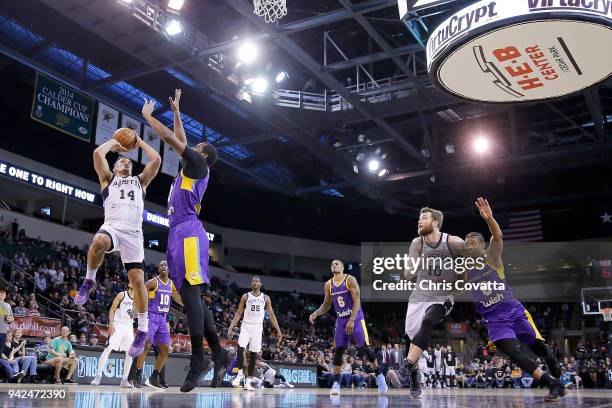 Nick Johnson of the Austin Spurs goes to the basket against the South Bay Lakers during the Conference Finals on April 5, 2018 at H-E-B Center at...